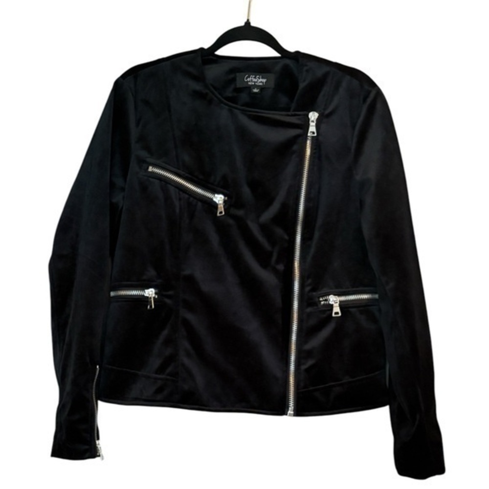 NWOT Coffee Shop Black Velour Velvet Classy Stylish Moto Jacket Size Large